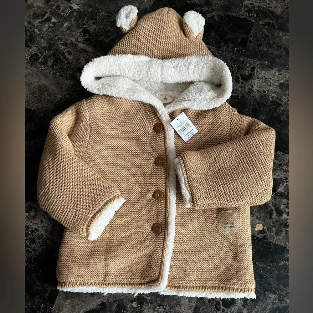 Gap Baby Sherpa Lined Hooded Sweater 100% Soft Cotton Knit Ear Appliques Tan